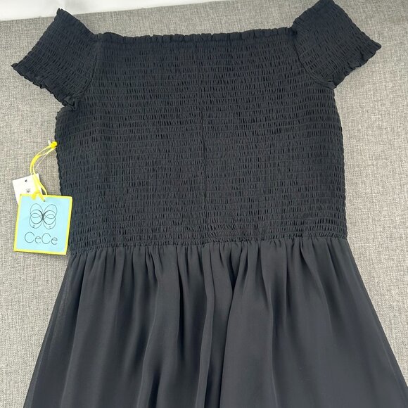 NEW Cece Off the Shoulder Dress Black Smocked Medium Lined Mesh Maxi Long Dress - Picture 8 of 13